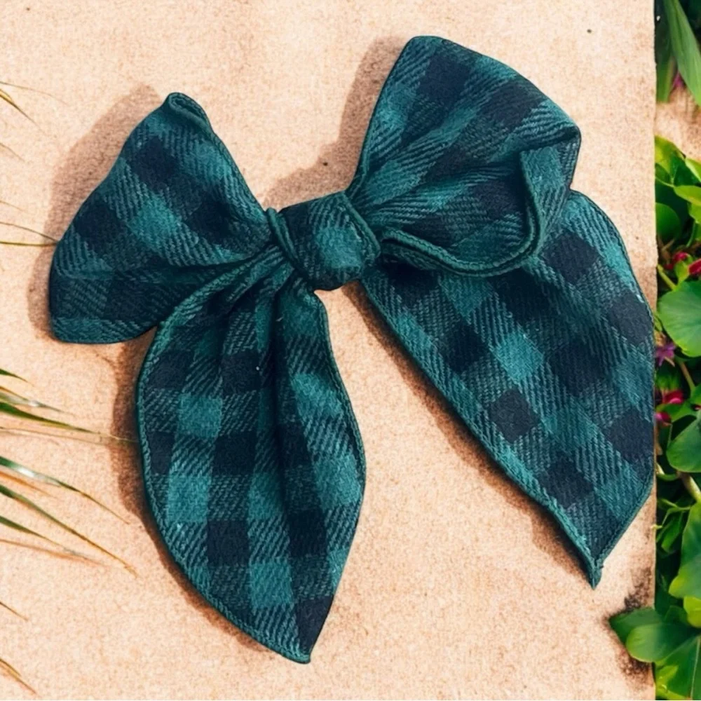 Green Plaid Hair Bow For Kids